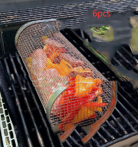 Rolling Grilling Basket Metal BBQ Barbecue Basket Net Portable Outdoor Camping Barbecue Rack Kitchen Gadgets