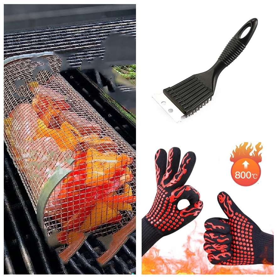 Rolling Grilling Basket Metal BBQ Barbecue Basket Net Portable Outdoor Camping Barbecue Rack Kitchen Gadgets