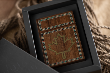 Woodbox made of high-quality wood with a Canadian maple leaf.