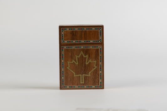 Woodbox made of high-quality wood with a Canadian maple leaf.